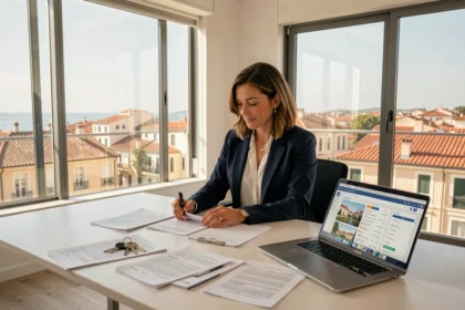 Agente immobilière en blazer marine gérant des dossiers locatifs dans un bureau moderne avec vue sur les toits de Marseille