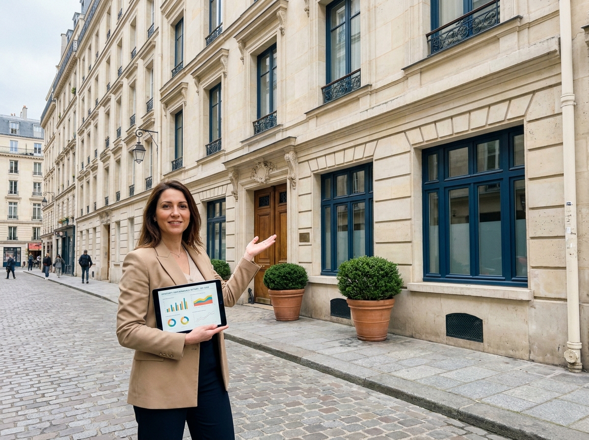 Gestionnaire de patrimoine immobilier présentant un immeuble rénové dans une rue parisienne avec tablette de données