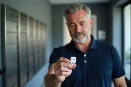 Gestionnaire immobilier tenant un badge RFID anti-copie dans un couloir d'immeuble moderne