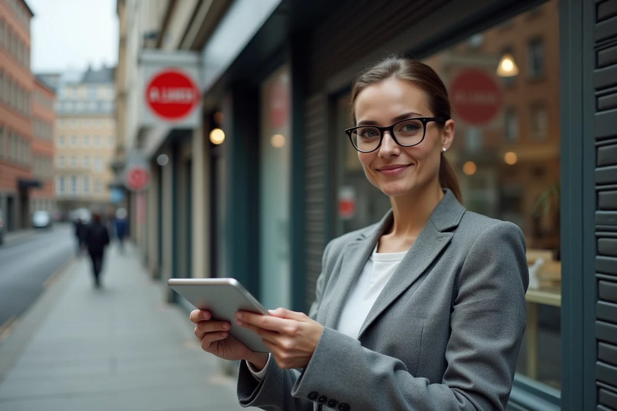 Gestionnaire immobilière analysant les tendances des loyers commerciaux devant une vitrine à louer en ville