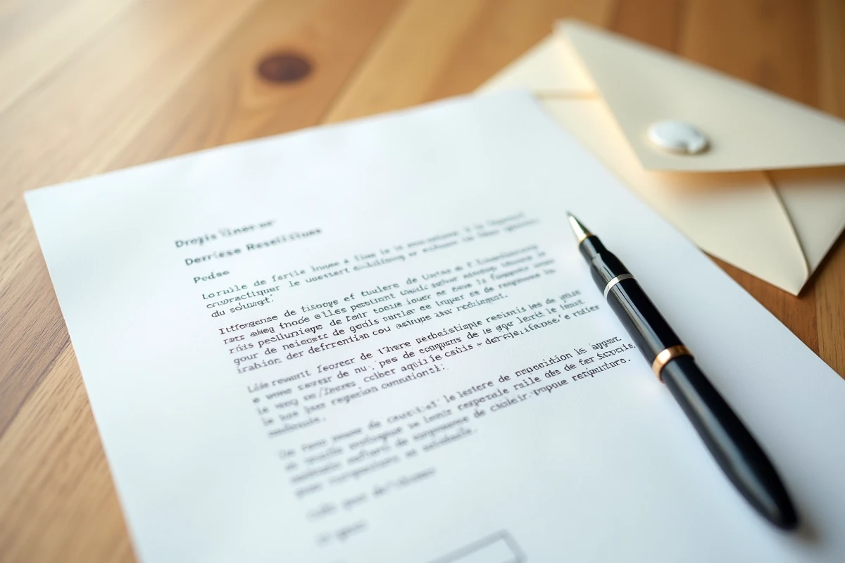 Gros plan d'une lettre de préavis rédigée posée sur une table en bois avec une enveloppe et un stylo