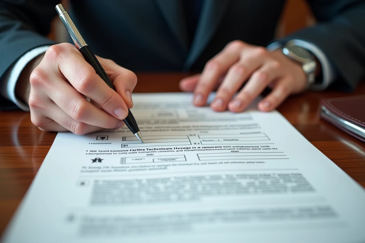 Gros plan de mains remplissant un formulaire immobilier officiel à la table d'un notaire