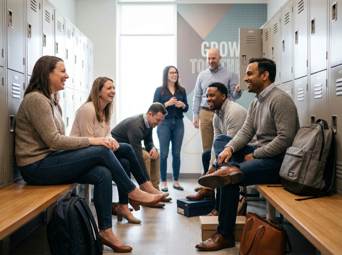 Groupe d'employés de bureau en discussion dans une salle de casiers moderne