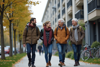 Groupe de jeunes et seniors dans une rue urbaine conviviale