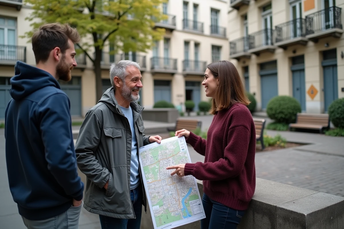 Habitants discutant autour d'une carte de quartier dans une place publique de Saint-Étienne
