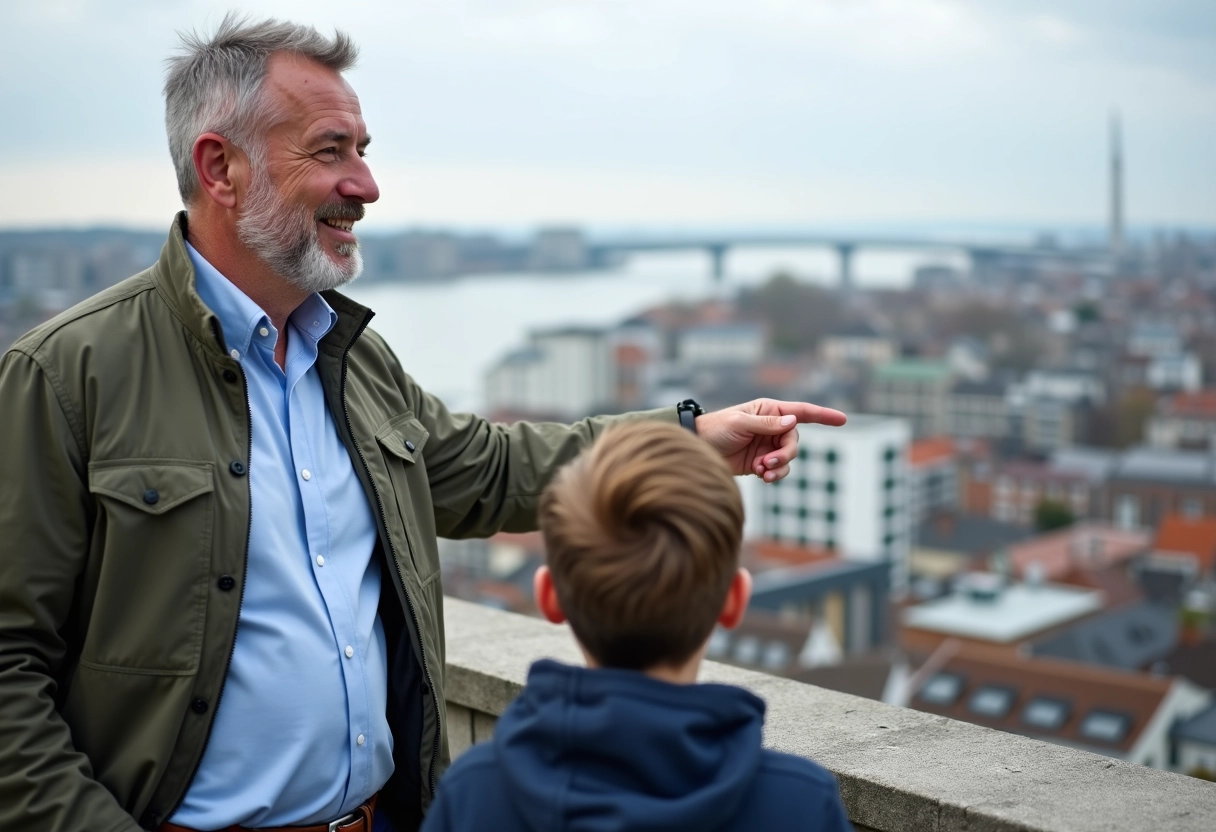 Homme pointant un monument avec un enfant à Le Havre