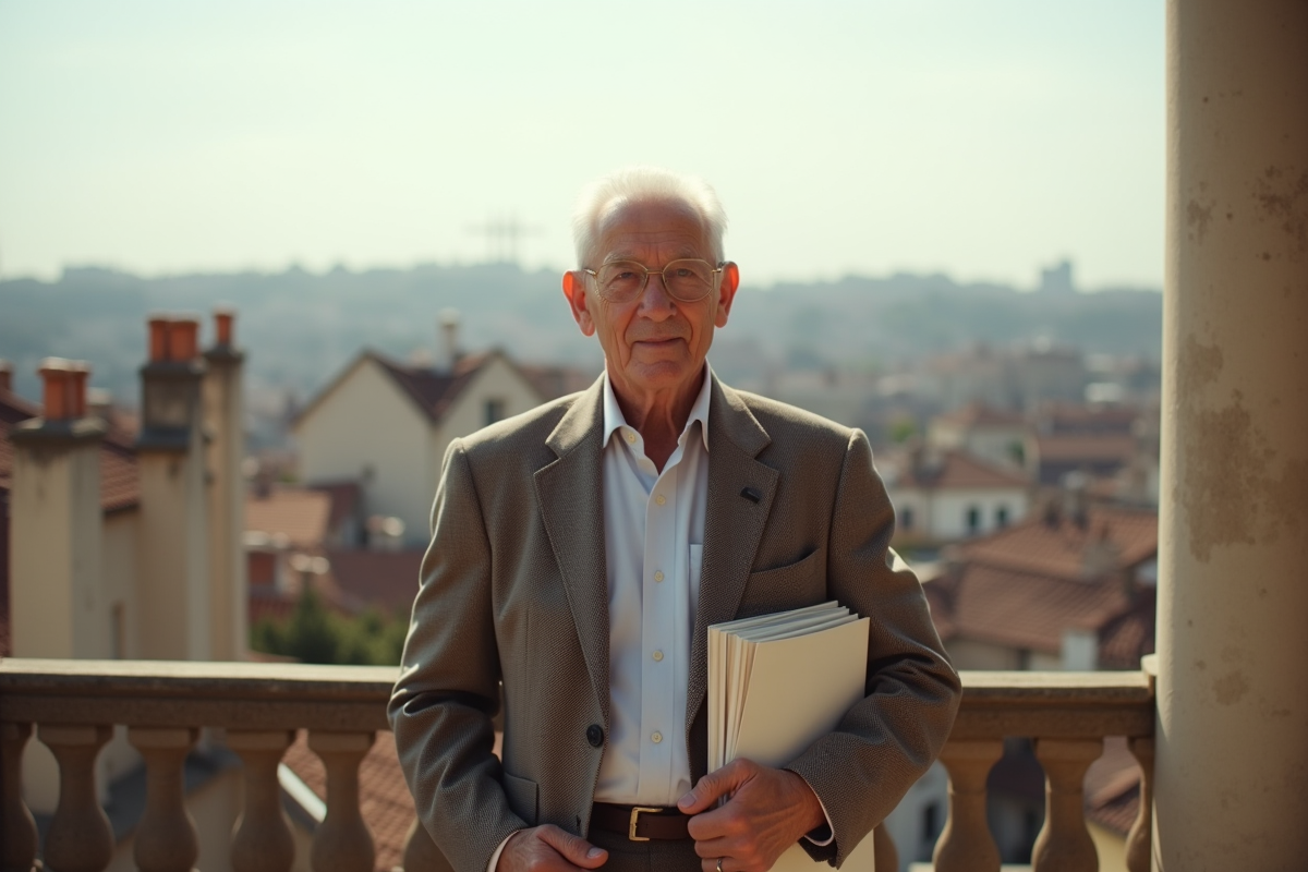 Homme âgé en costume sur un balcon avec vue urbaine panoramique