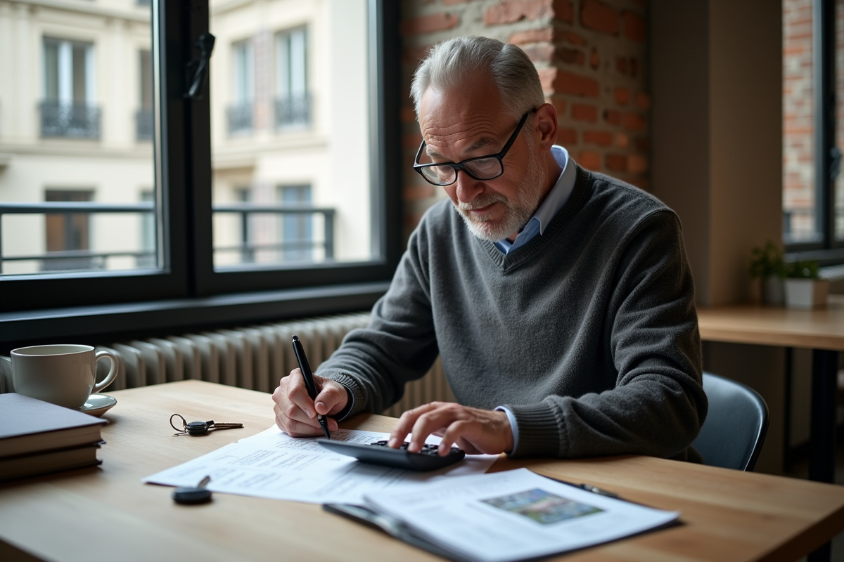 Homme calculant le loyer dans un appartement parisien