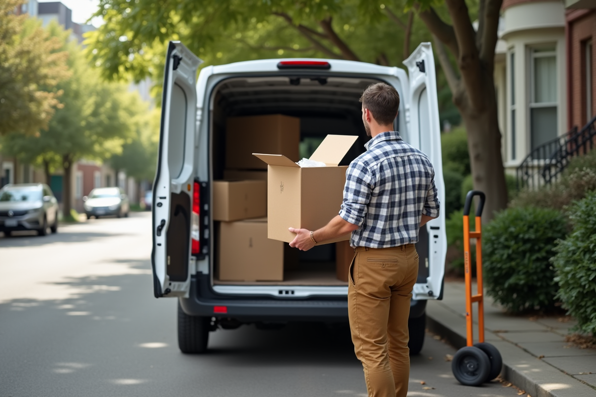 Homme chargeant une boîte dans une camionnette en déménagement