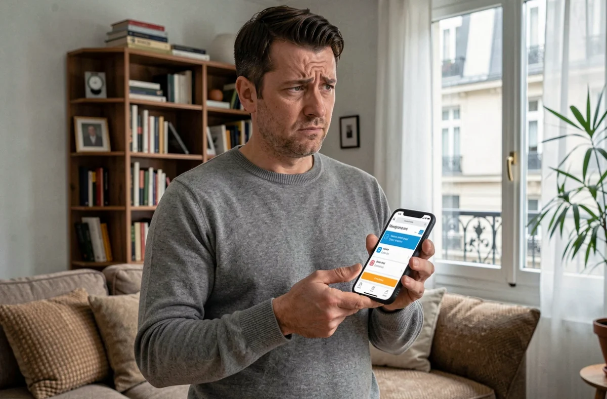 Homme consultant une comparaison d'assurances habitation sur smartphone dans un salon parisien
