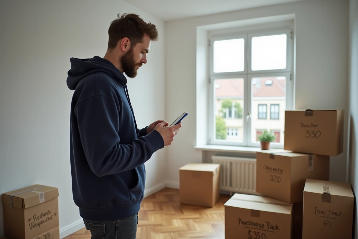 Homme recherchant une offre électricité moins chère sur smartphone dans un appartement en cours de déménagement avec des cartons