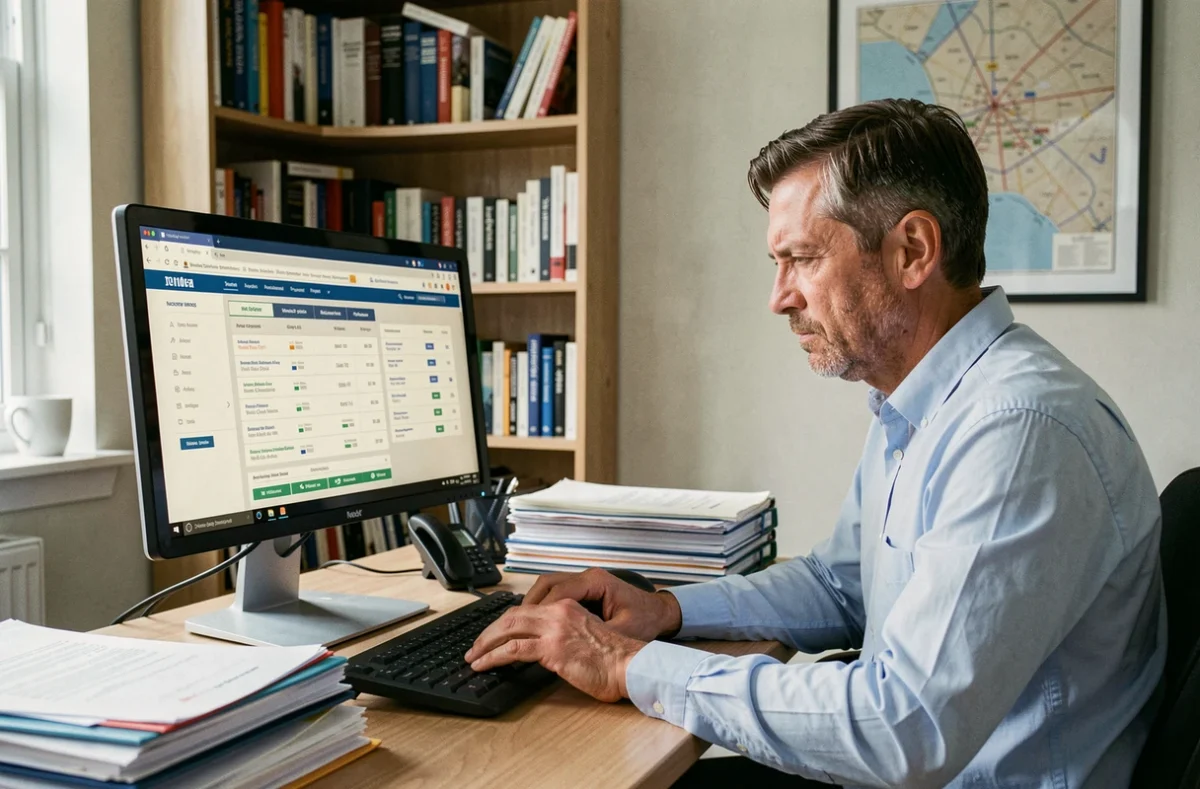 Homme consultant un comparateur d'assurance habitation sur un ordinateur de bureau dans un bureau à domicile
