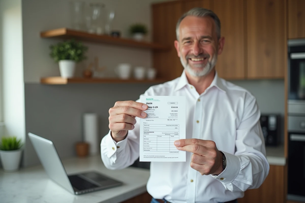 Homme souriant montrant une fiche de paie dans la cuisine