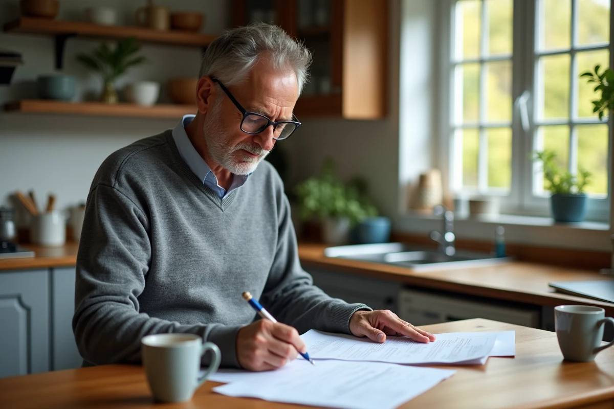 Homme à la maison triant des papiers dans la cuisine