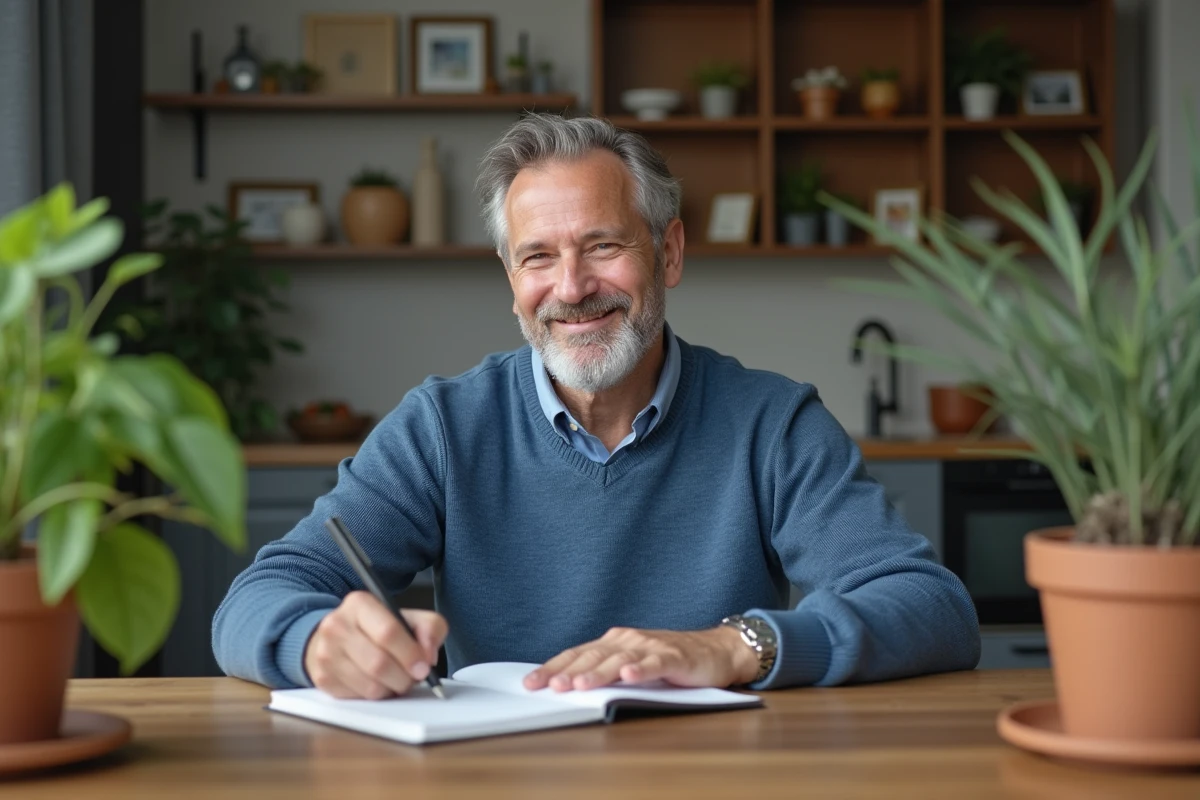 Homme souriant écrivant à la maison à MaisonsLaffitte