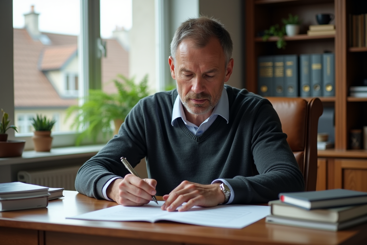 Homme rédigeant une notice dans son bureau lumineux