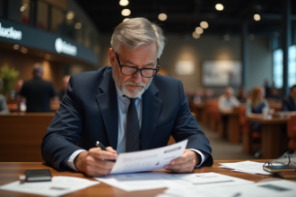 Homme d'âge moyen en costume bleu examinant une feuille d'enchères