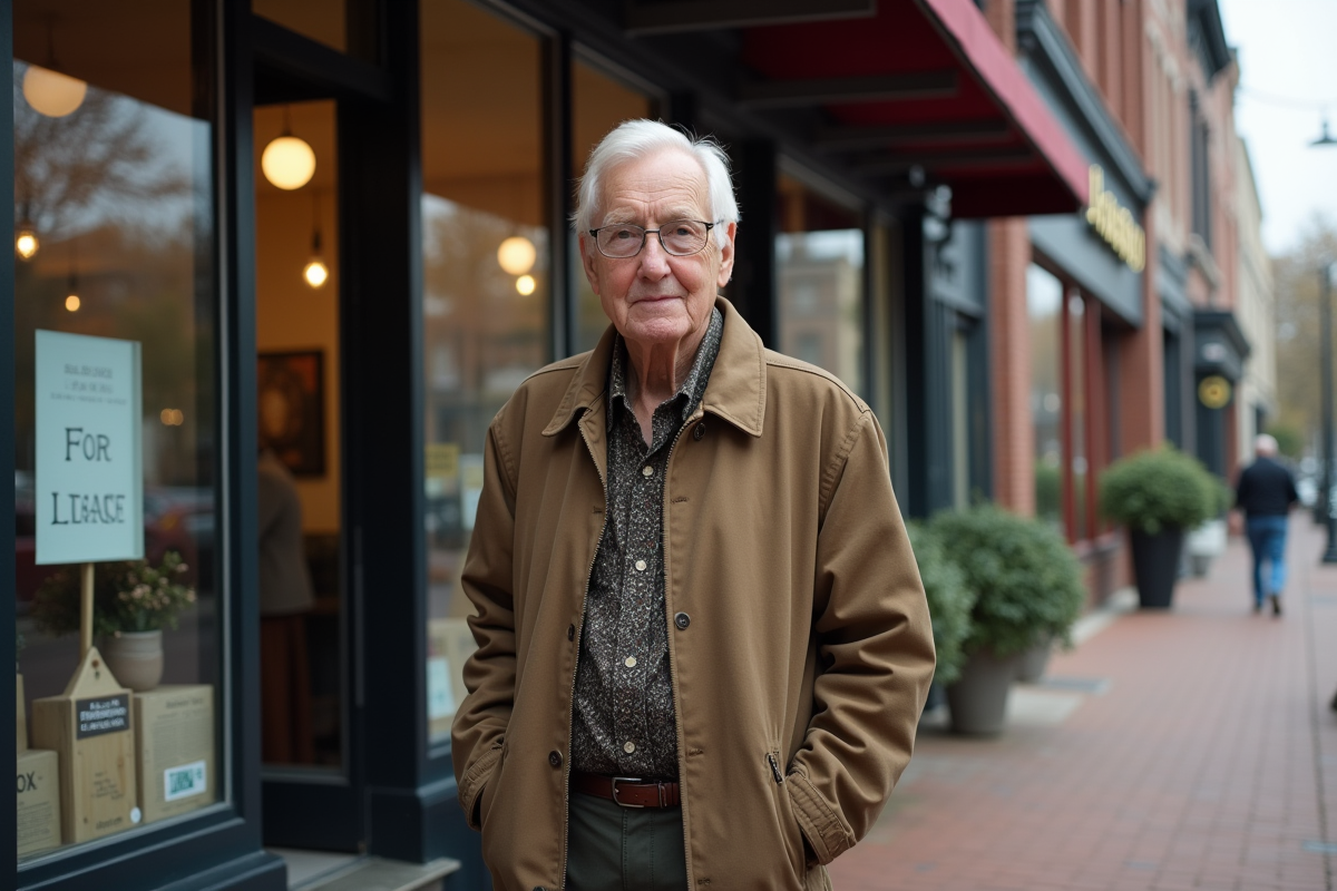 Homme devant une vitrine commerciale avec panneau a louer
