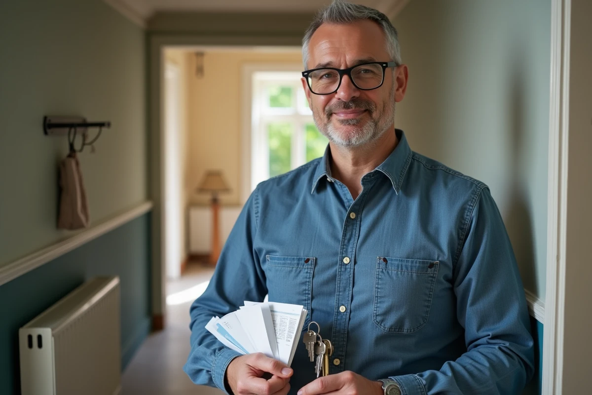 Homme avec clés et dossier de documents dans un couloir d