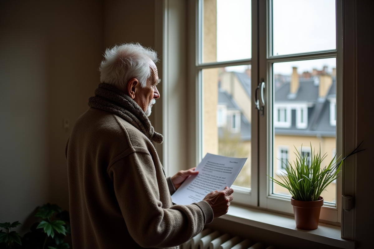 Homme français regarde une lettre dans son appartement