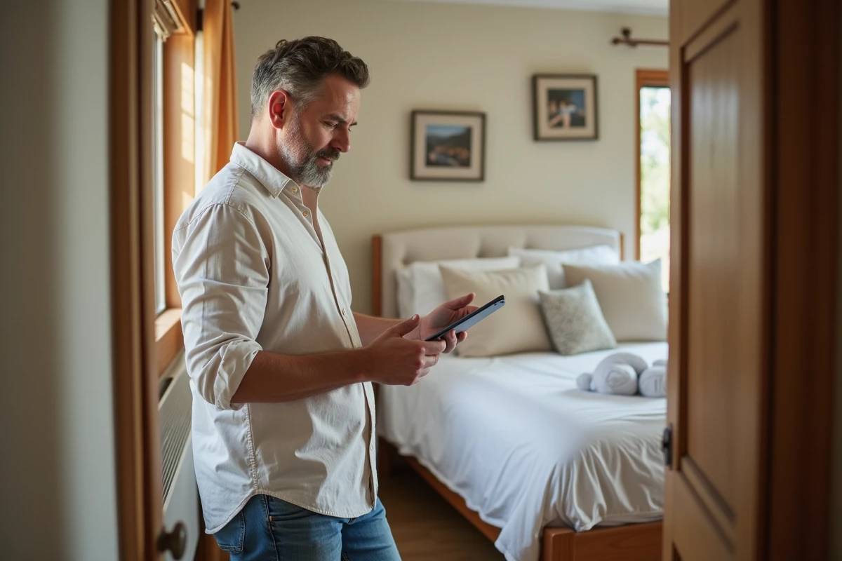 Homme vérifiant son calendrier Airbnb dans une chambre lumineuse
