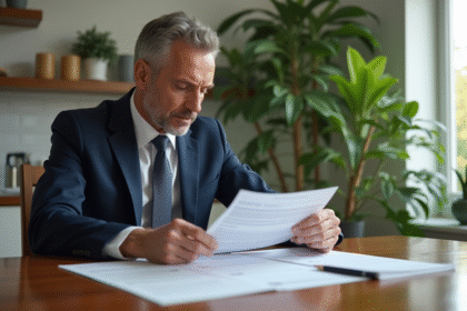 Homme d'âge moyen lisant un contrat de prêt immobilier dans un appartement moderne