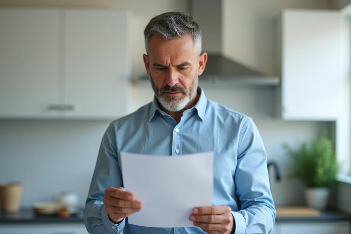 Homme lisant attentivement une lettre de préavis imprimée dans une cuisine moderne
