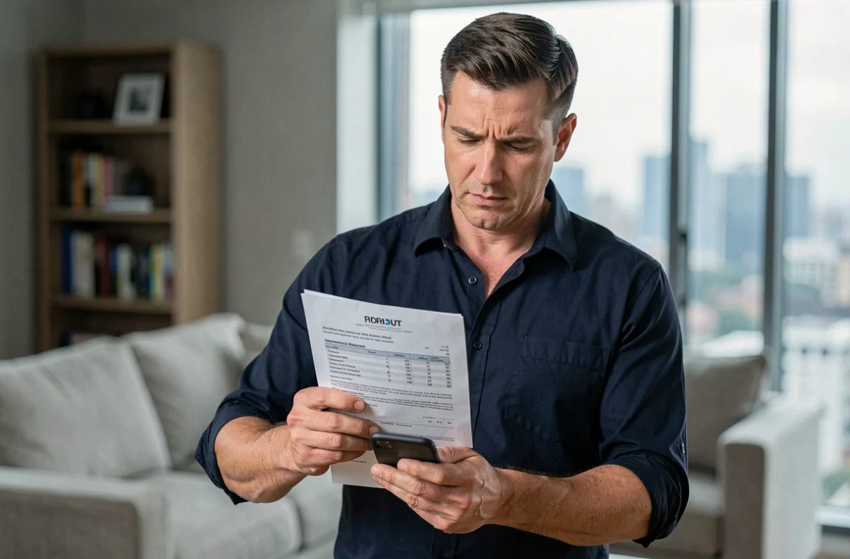 Homme comparant sa lettre de renouvellement d'assurance habitation avec une calculatrice dans un appartement moderne
