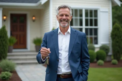 Homme souriant tenant des clés devant une maison moderne