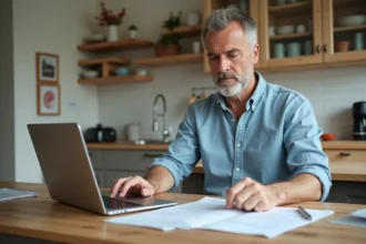 Homme d'âge moyen compare documents et ordinateur dans la cuisine