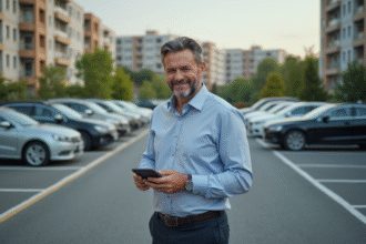 Homme d'affaires vérifiant les voitures dans un parking urbain