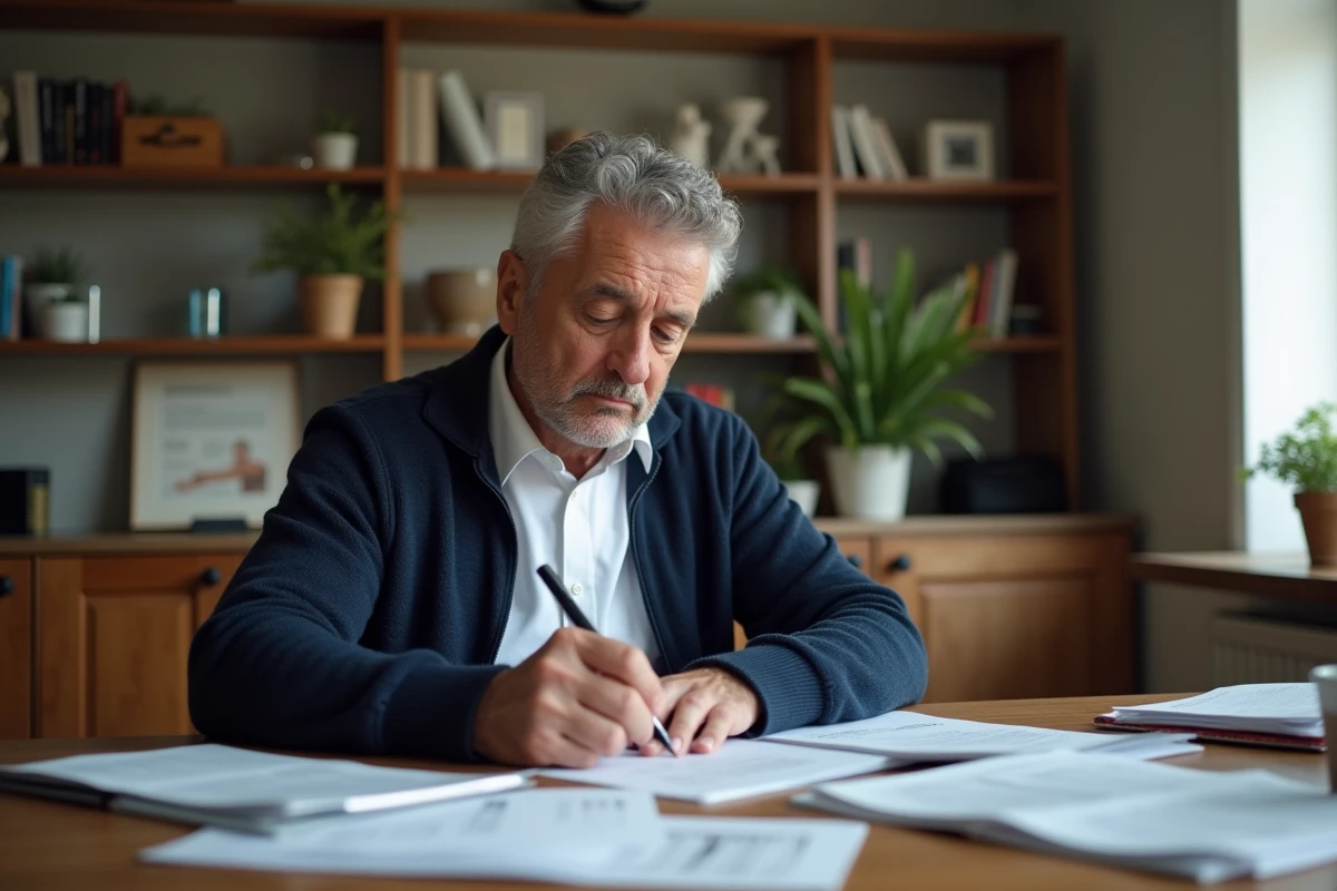 Homme d'âge moyen remplissant un formulaire dans un salon lumineux