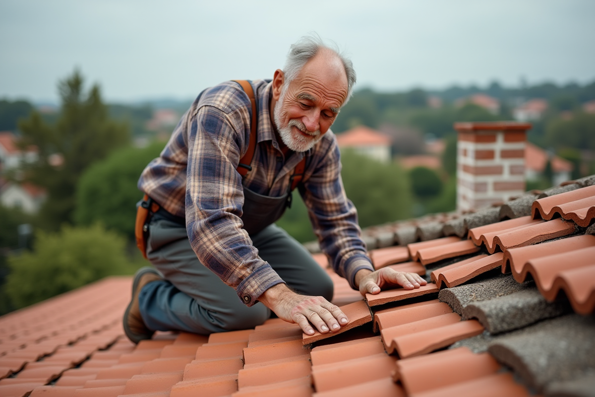 Homme posant une tuile en terre cuite sur le toit