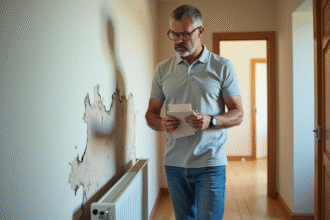 Homme d'âge moyen examine un mur endommagé dans un appartement lumineux