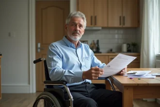 Homme d'âge moyen en fauteuil avec papiers dans un appartement accessible