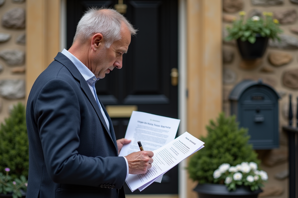 Homme en ville tenant un contrat Airbnb devant une maison