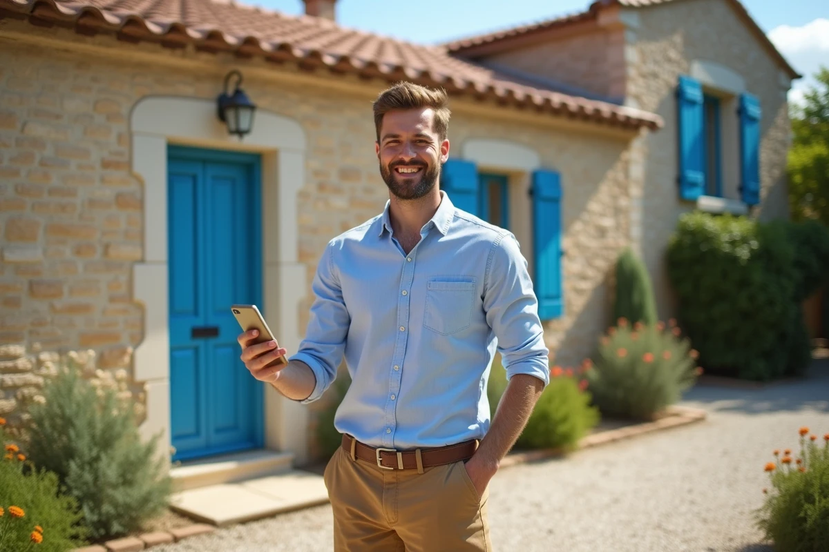 Homme souriant devant une maison en pierre en Provence