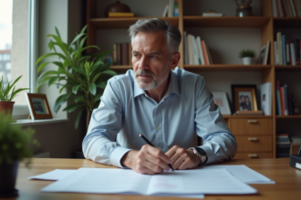 Homme d'âge moyen dans un bureau à domicile contemplant des documents