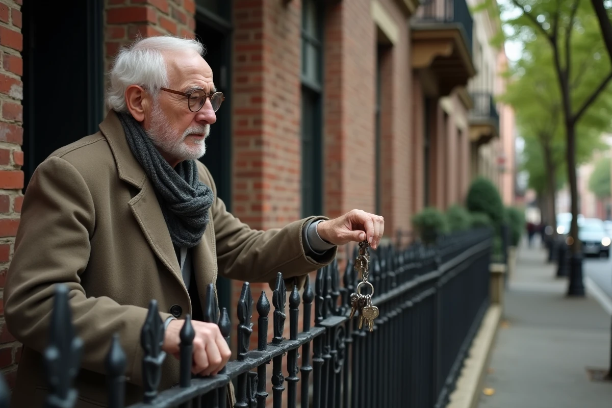 Homme âgé inspectant balcon en fer forgé et façade ancienne