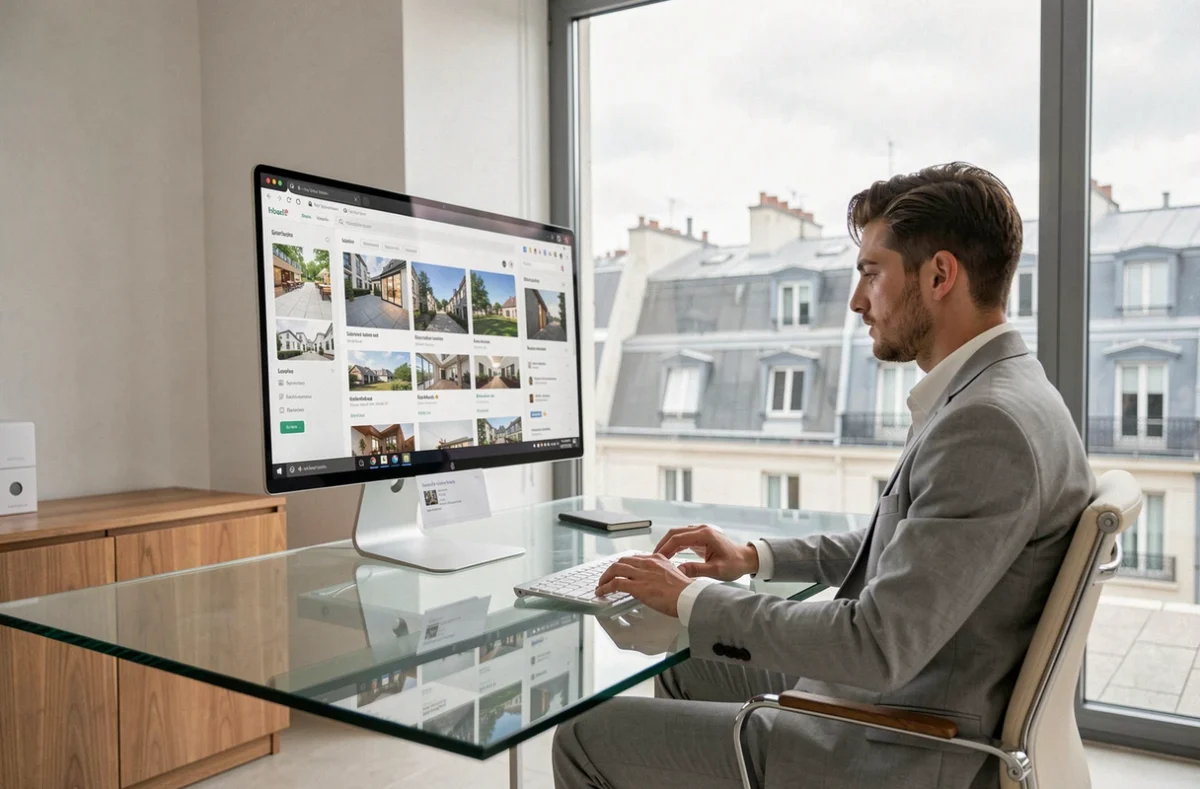 Conseiller immobilier de l'agence Hosman travaillant sur des annonces digitales dans un bureau moderne à Paris