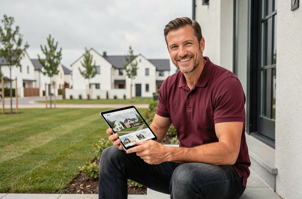 Agent Human Immobilier Vendée assis devant une maison neuve vendéenne avec une tablette