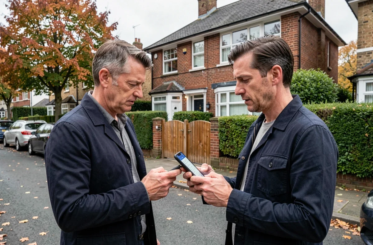 Homme consultant une application mobile pour identifier le propriétaire d'une maison dans une rue résidentielle