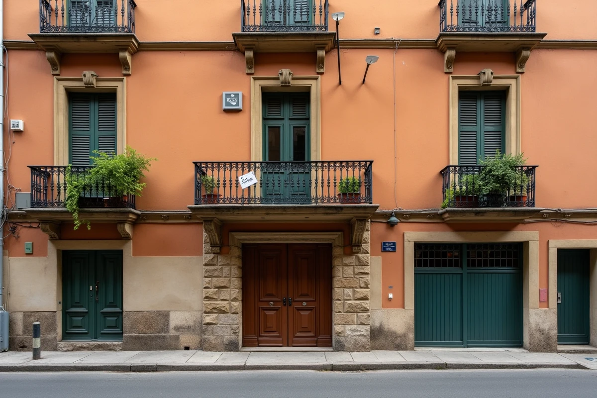 Façade d'immeuble résidentiel typique dans le quartier Croix-Rousse à Lyon avec panneau à vendre