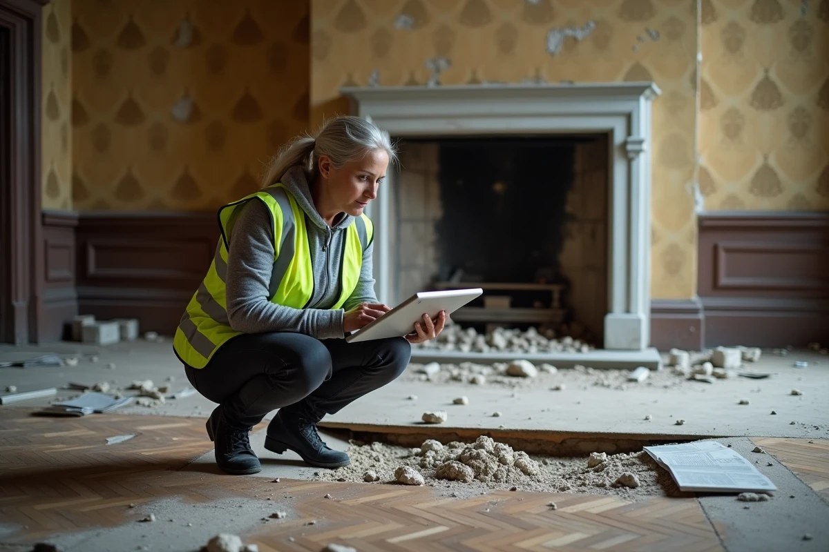 Ingénieure en structure évaluant la solidité du plancher d'un manoir abandonné lors d'un diagnostic immobilier