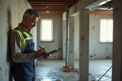 Homme en tenue de travail inspectant une humidite sur un mur