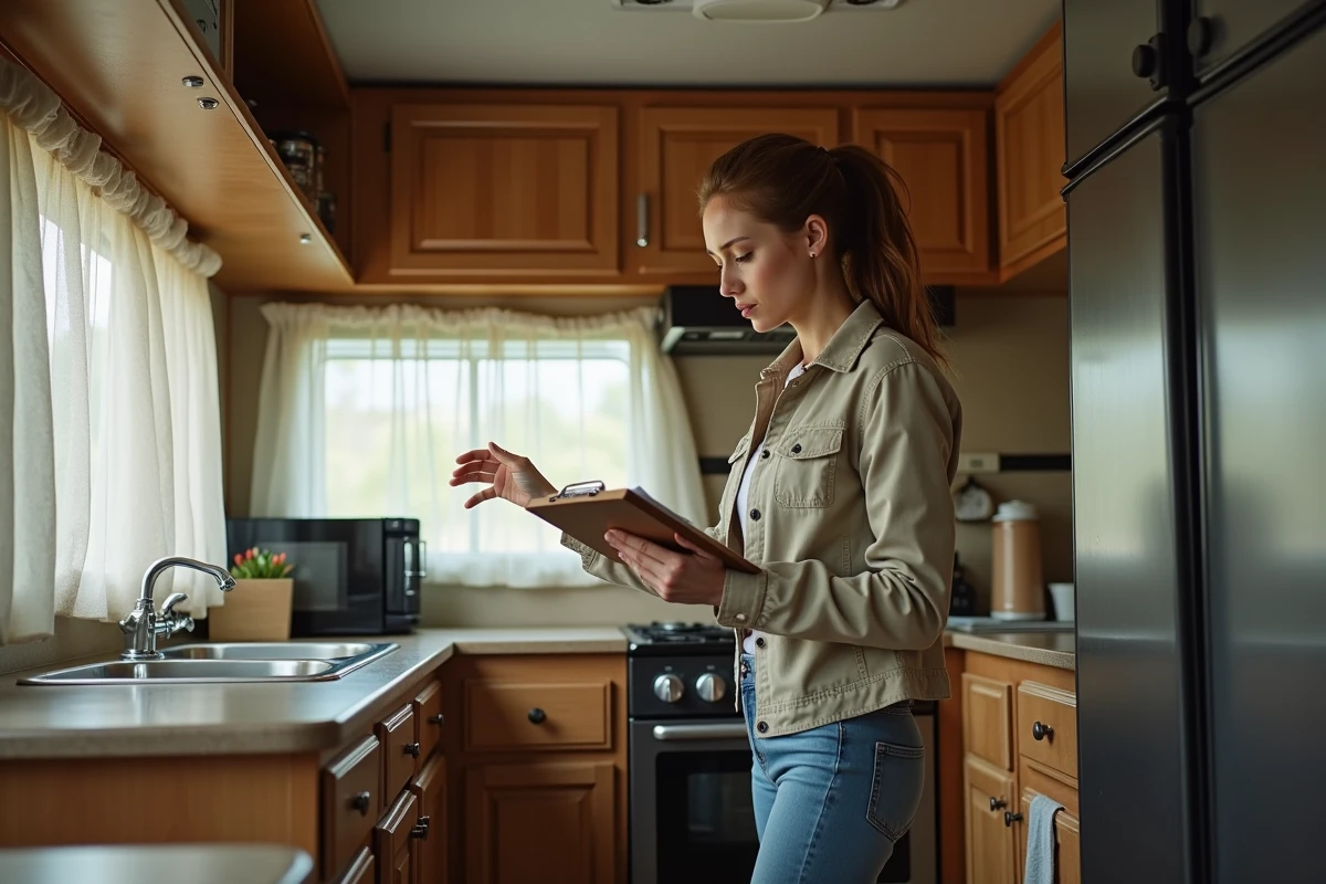 Femme inspectant l'intérieur d'un mobil-home d'occasion à vendre dans un camping résidentiel