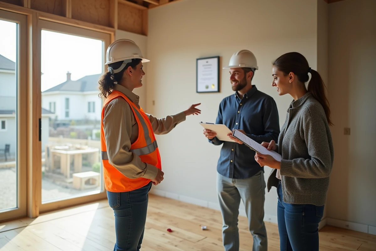 Inspectrice de la Metropolitan Builders Association expliquant les certifications de construction à un couple de futurs propriétaires dans une maison neuve