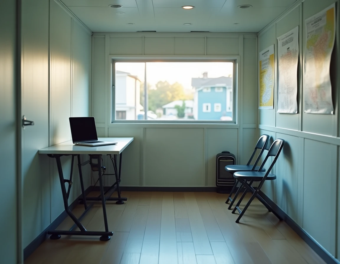 Intérieur aménagé d'un module ALGECO transformé en bureau de coordination de secours après catastrophe, avec bureau pliant et cartes murales
