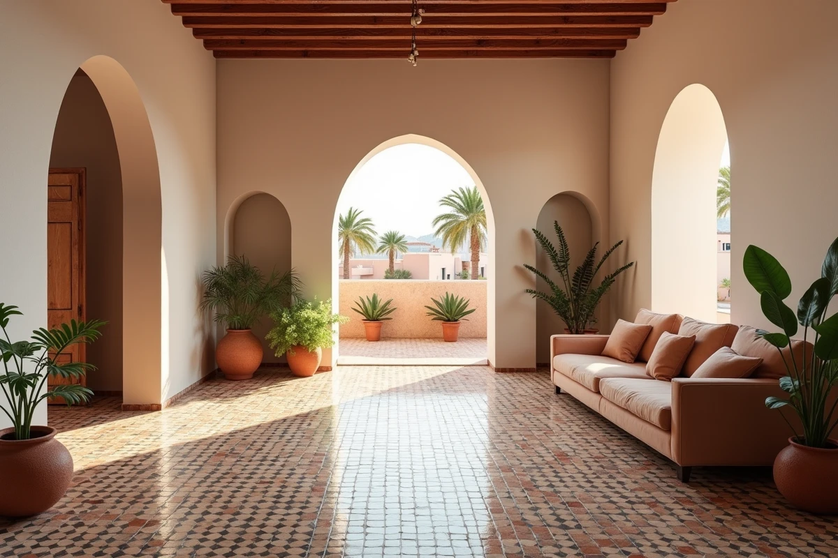 Intérieur d'un appartement à vendre à Marrakech avec sol en zellige et vue sur les toits de la médina