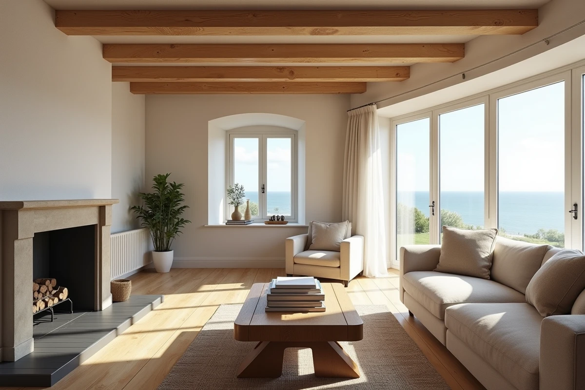 Intérieur rénové d'une maison normande à vendre en bord de mer avec poutres apparentes et vue sur la côte